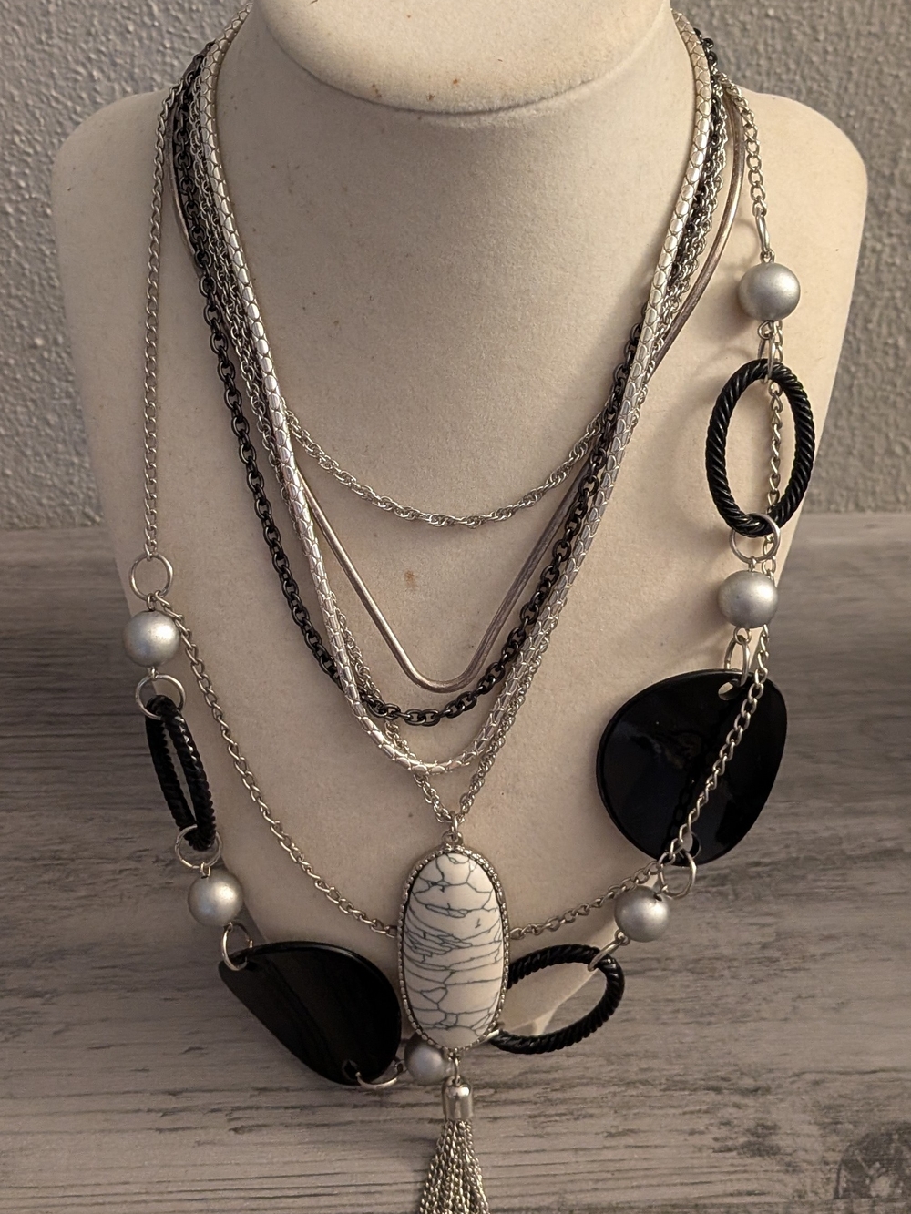 Multi-Layer Black and Silver Statement Necklace Set - Brand Unspecified